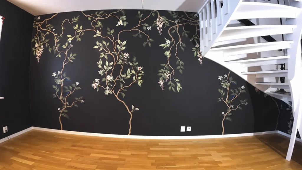 Färdig tapetsering med mörk botanisk fondvägg i Karlstad i bredare format