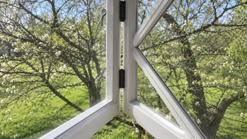 Färdigrenoverat träfönster i Karlstad med nymålade vita fönsterbågar och rengjort glas efter fönsterrenovering i bredare format.