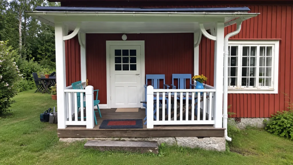 Nyrenoverad veranda i Karlstad med vitt träräcke, trätrall och sittgrupp framför rött trähus