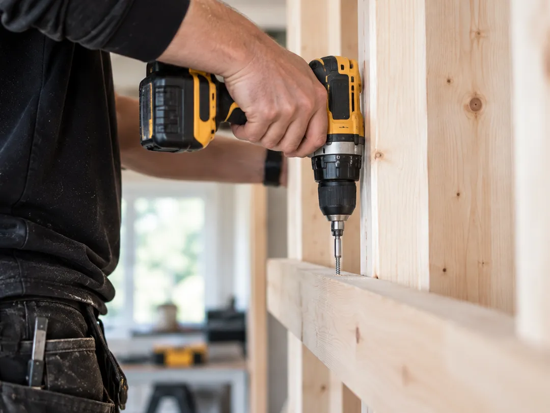 Snickare i Karlstad monterar träregel med borrmaskin vid renovering och snickeriarbete.
