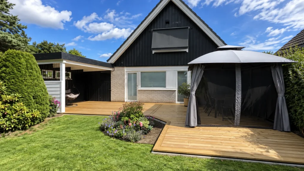 Färdigbyggd träaltan och terrass vid villa i Karlstad, utförd av SAVL Solutions.