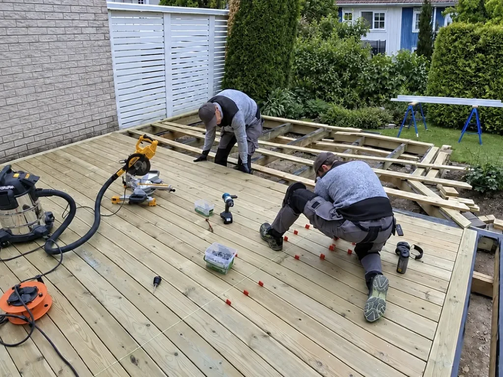 Snickare från SAVL Solutions bygger ny terrass i Karlstad med trätrall och regelverk.