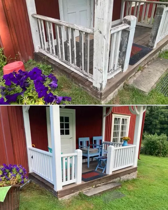 Före och efter verandarenovering i Karlstad där slitet räcke och trädetaljer har ersatts med nytt snickeri